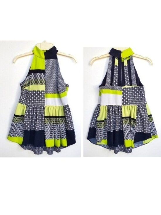 Kaari Blue Tops - Babydoll Tank Mix Print Panels Boho Flare Halter Funky Strap Back